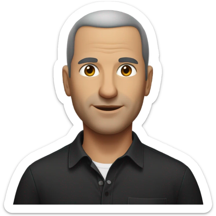 A middle-aged Italian man with olive-toned skin with buzz cut hair and no facial hair. He is wearing a sleek black smart shirt, casually unbuttoned at the top. sticker