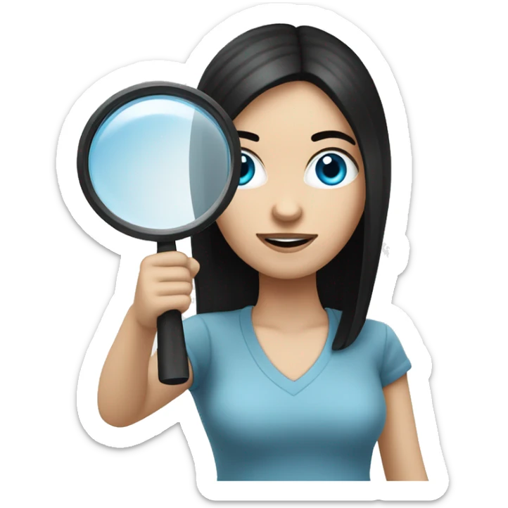 white Girl with black hair and blue eyes playing with magnifying glass sticker