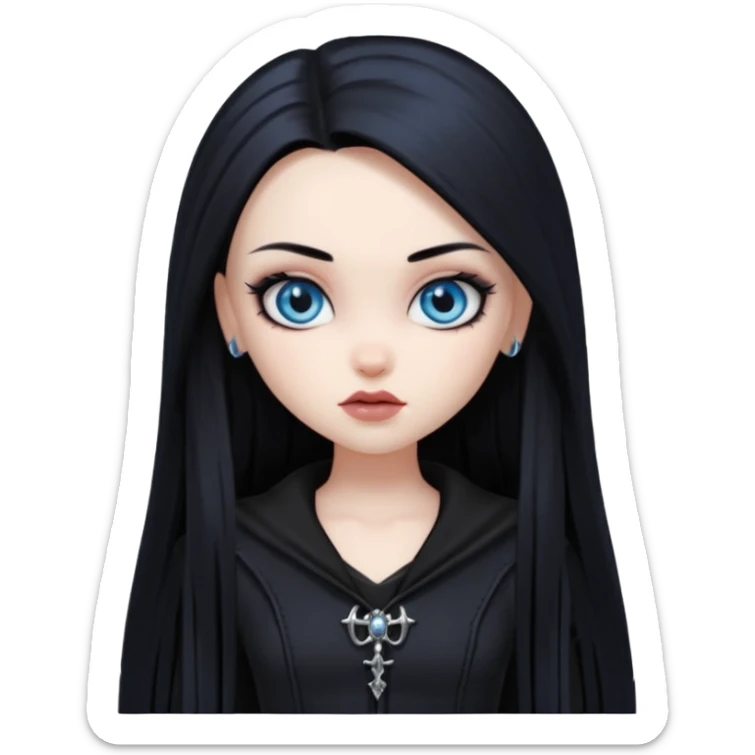 goth bratz baddie, beautiful blue eyes, long straight black hair, black gothic hair styled, black goth clothes sticker