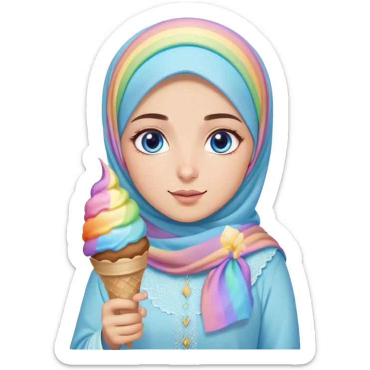 Turkish beautiful finish Konya girl blue eyes with ice cream pastel hijab islamic dress and had on her hand rainbow ice cream  sticker