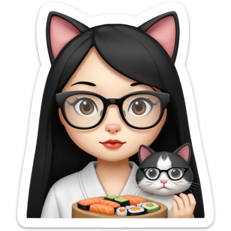 cute girl cat with long straight hair and really big square glasses with super thin frames eating sushi sticker
