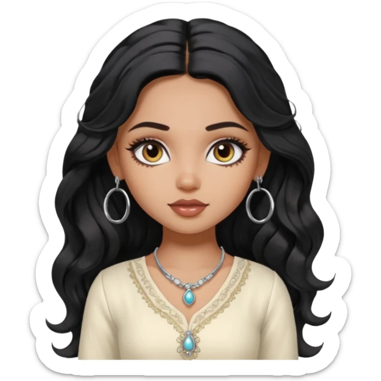 a pretty bratz dusky girl with long wavy black hair, kajal under eyes, small silver hoop. ivory coloured kurti sticker