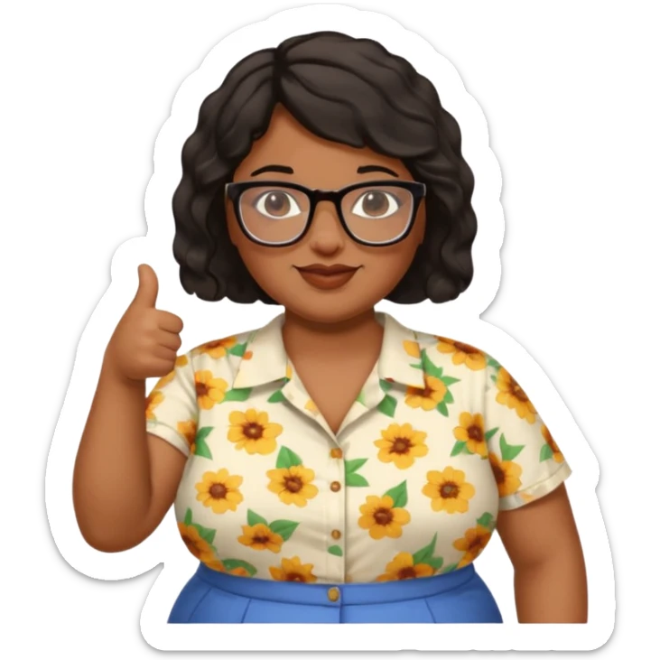 make a fat brown female biology teacher with glasses giving a thumbs up with short black hair wavy remove the doctor outfit and put on a regular summer looking shirt sticker
