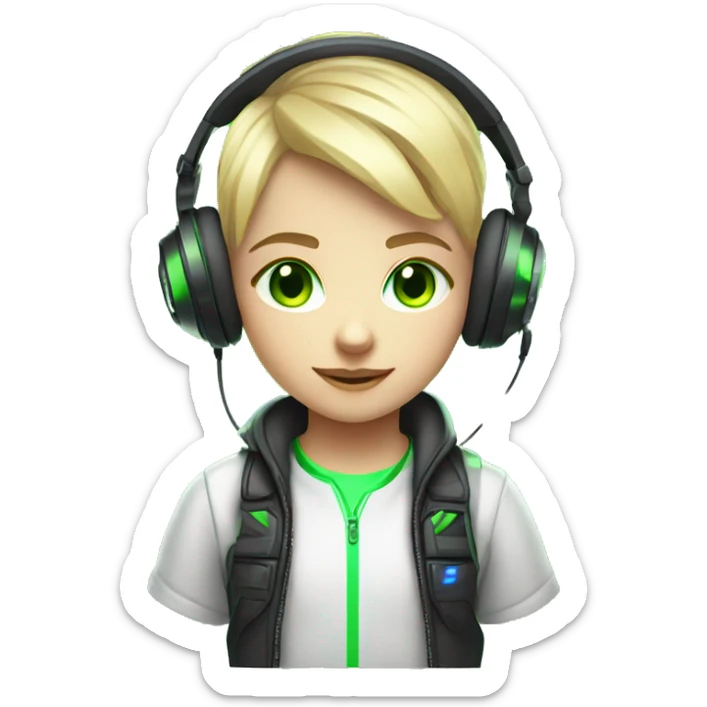 Blonde Short hair Gamer kid with green eyes with headset and gamepad with neon Lighting sticker
