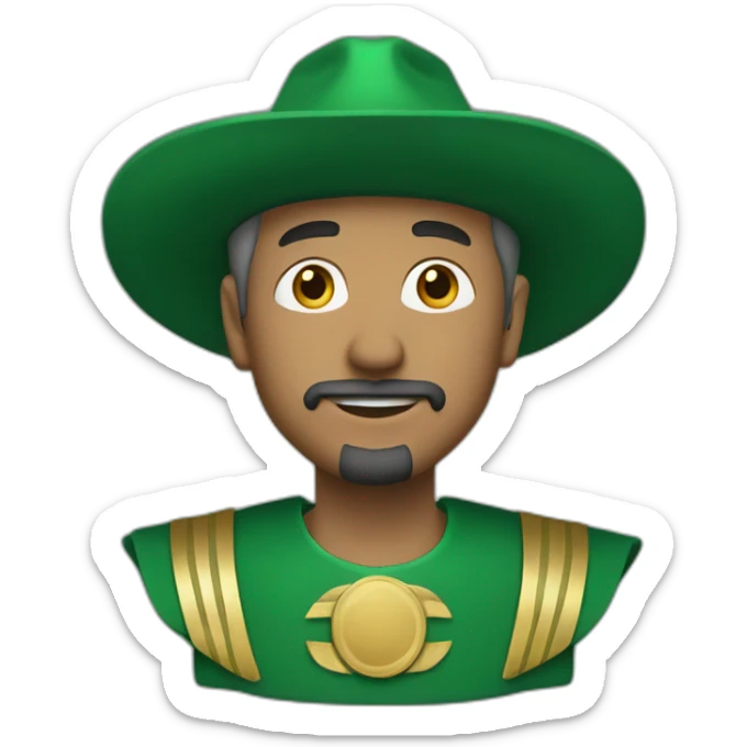 man with green hair green suit and large green top with gold strip hat goatee green cape sticker