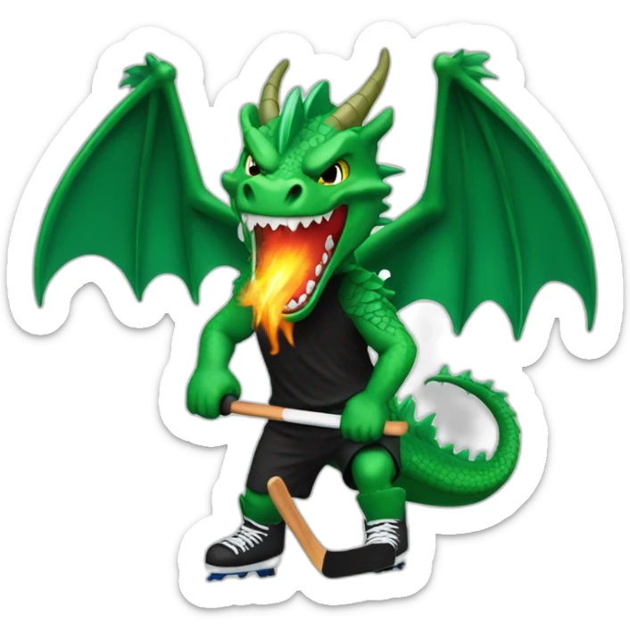 green dragon wearing a black t-shirt playing ice hockey and spitting fire from the mouth sticker