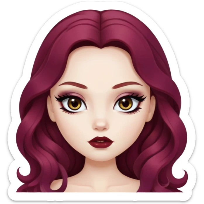 wavy winered long hair, pale skin,  dark iris, pretty bratz baddie, strong black eyeliner sticker