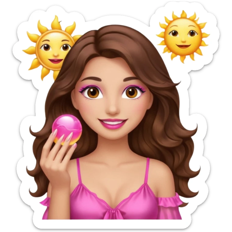 girl with long wavy brown hair, brown eyes, long lashes makeup, sexy pink lips, smiling, light to medium complexion, wearing a pink sexy silk top, holding the sun icon  sticker