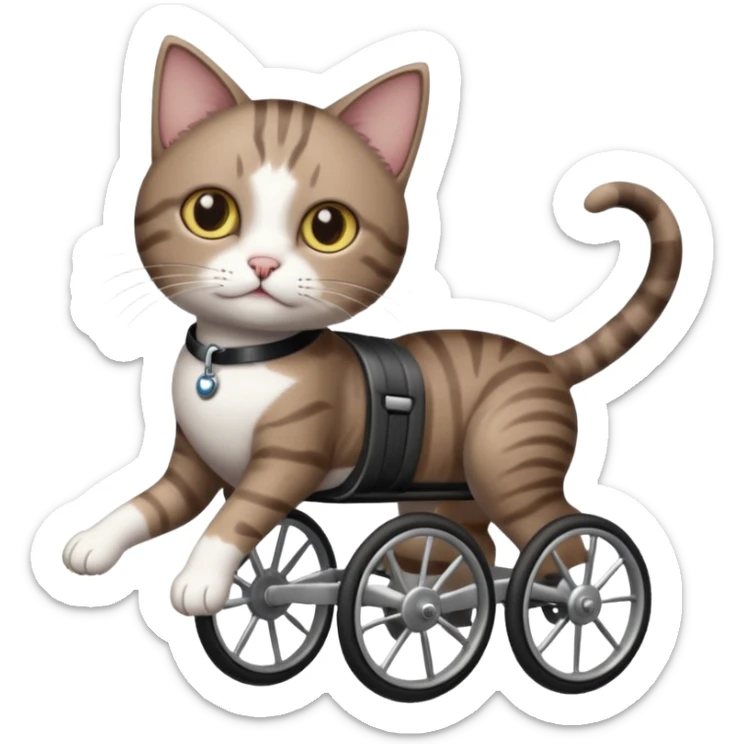 full body small short hair dark brown and white cat with hazel eyes walking in a wheelchair for cats sticker