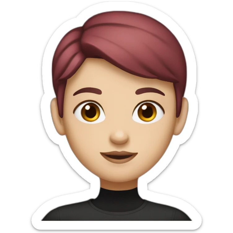 a white girl with burgundy short hair in a black T-shirt sticker