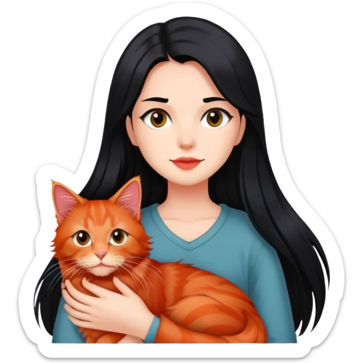 Une fille au cheveux long lisse et noir portant un chat type Maine coon de couleur roux  sticker