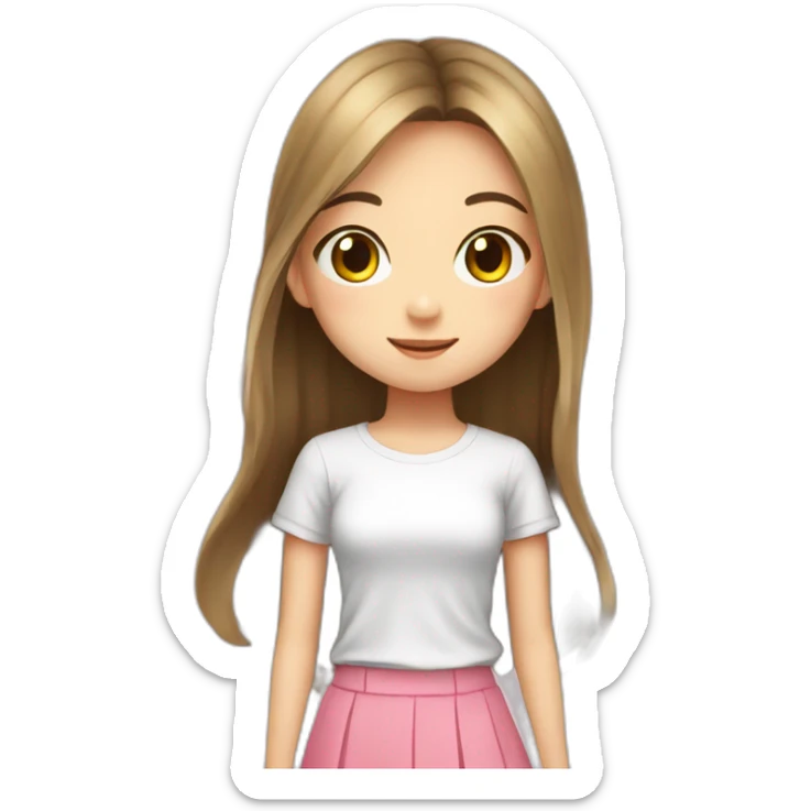 Japanese girl, 16, long hair, white T-shirt, pink miniskirt, shopping mall sticker