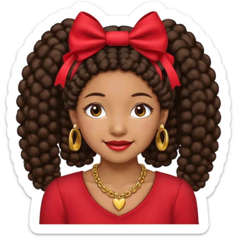 Brownskin girl dark brown hair afro pigtails with red bows brown eyes smiling closed mouth red shirt gold esrrings gold necklace sticker