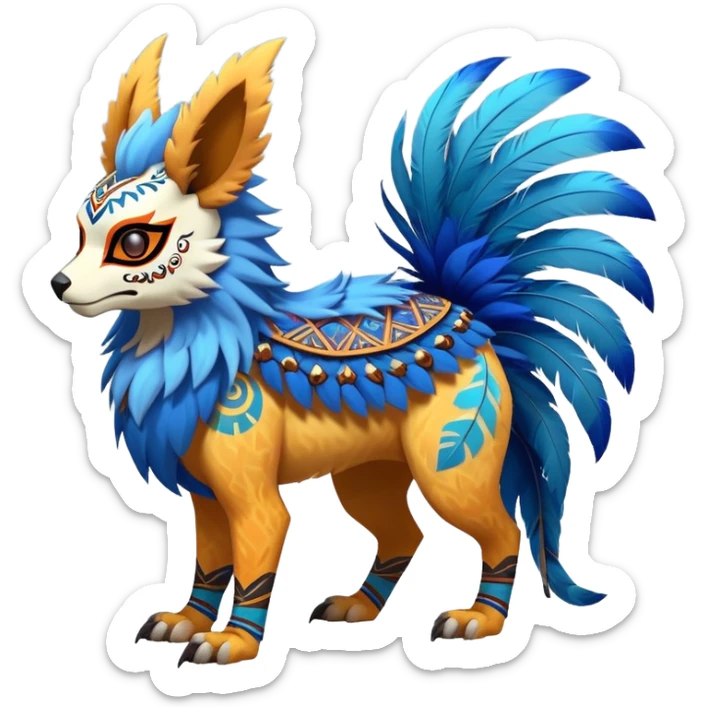 Furry cute colorful exotic tribal feral anime-styled Fakémon-Pokémon-animal-creature with a skull mask, and a feather-mane-collar, and blue feathers, with long furry ears, long furry tail, 4 legs, (full body), with intricate pattern-markings sticker