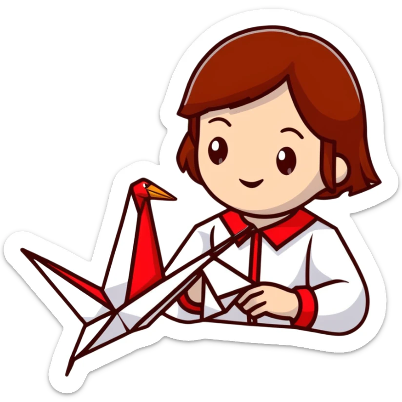 A happy Ukrainian young girl with brown hair in a white embroidered shirt makes an origami red crane craft sticker