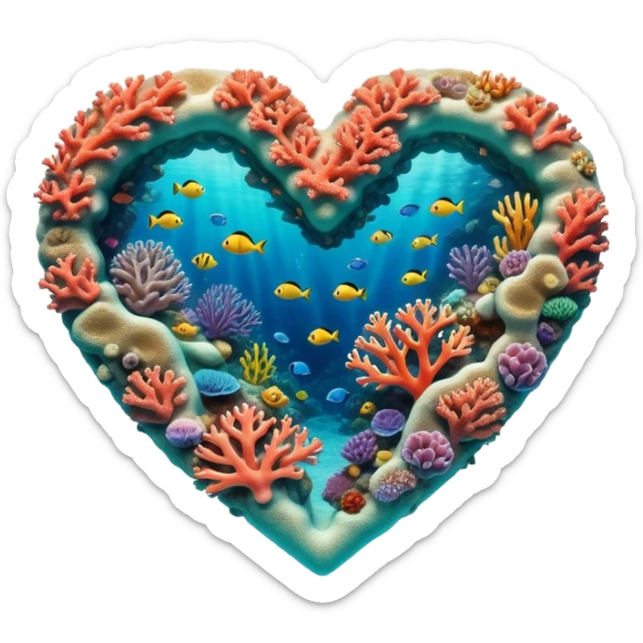 Cinematic Realistic Heart Reef Landscape Emoji, depicted with a naturally heart‚Äêshaped coral formation in vibrant marine hues, rendered with detailed underwater textures and luminous lighting. sticker