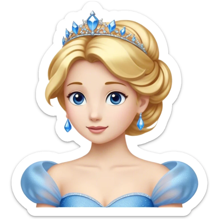 Cinematic Stunning Cinderella Portrait Emoji, Radiant in her sparkling blue ball gown, golden hair in a perfect updo, soft blue eyes full of wonder, glistening tiara, glowing with an ethereal beauty, regal yet kind, a dreamlike aura surrounds her, capturing the essence of a fairy tale princess, elegant and breathtaking! sticker