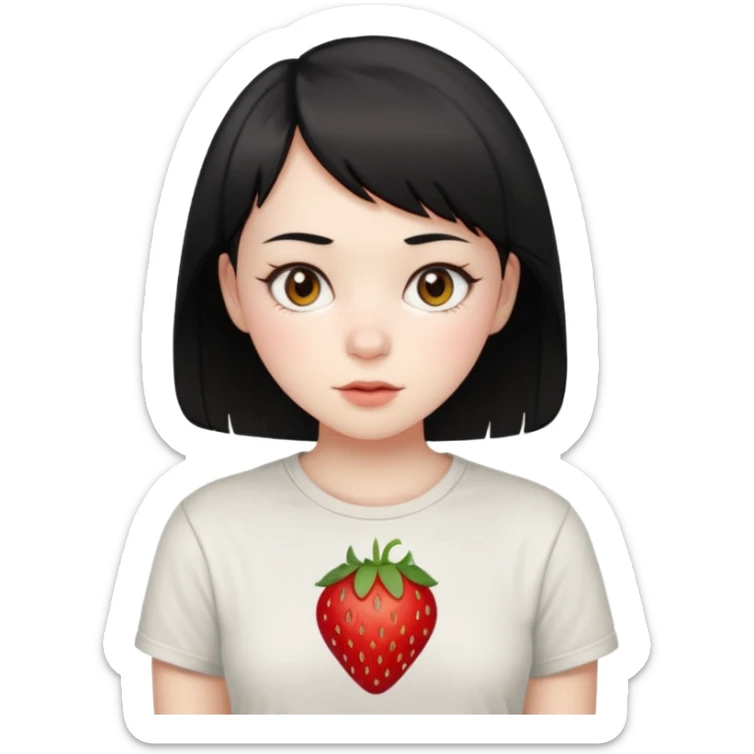 17 girl with black short hair and brown eyes with pale skin and wearing a t-shirt containing a red strwoberry sticker