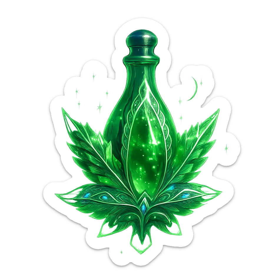 modernus prabangus eliksyro buteliukas, kanapės lapo forma arba su kanapės motyvais, ryški žalia spalva, holografiniai ir sidabriniai ornamentai, stiprūs magiški švytėjimai ir efektai, labai mažas kaklelis, skaidrus fonas, vientisas dugnas, be šešėlio, plūduriuoja ore, kolekcijos stilius sticker