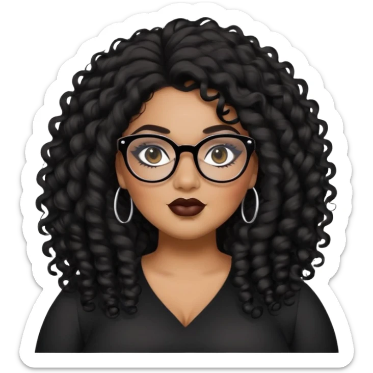 glasses, big plus size, darker tan skin, long black curly hair, baddie,pretty, makeup, lipliner, black eyeliner, long hair sticker