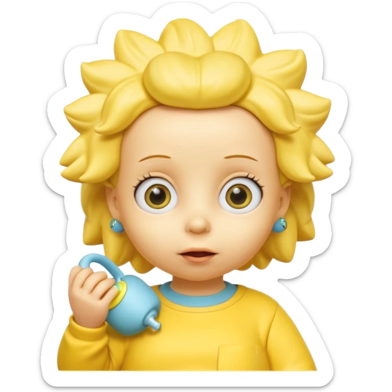 A 3D cartoon baby character yellow skin, styled like Maggie Simpson, with pacifier, yellow onesie, big eyes, smooth shading, Memoji-style rendering, consistent with other yellow Simpsons characters. sticker
