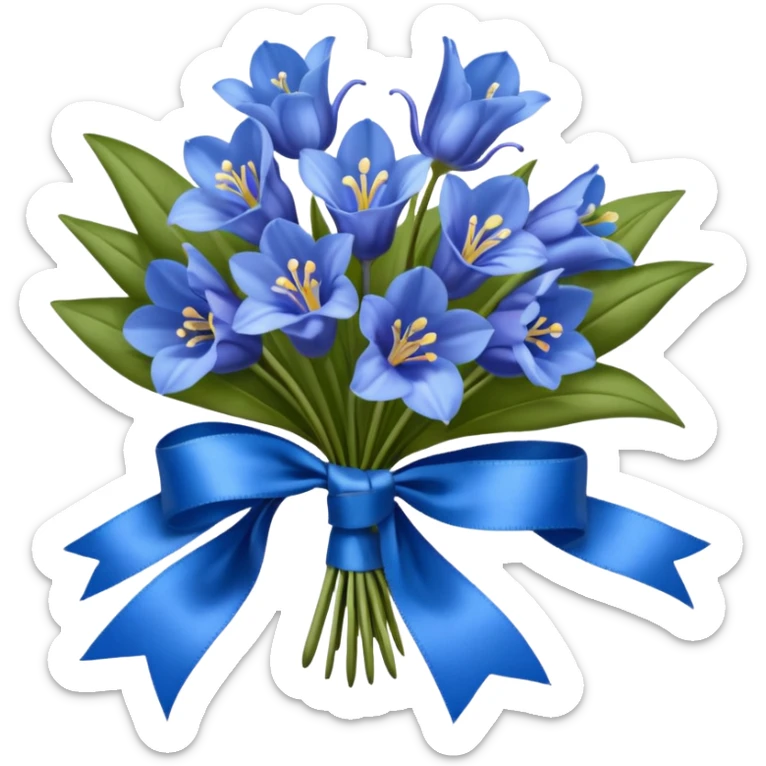 A lush bouquet of bright blue color bluebell black satin ribbon, , with a pale yellow and pink plaid pattern table cloth sticker