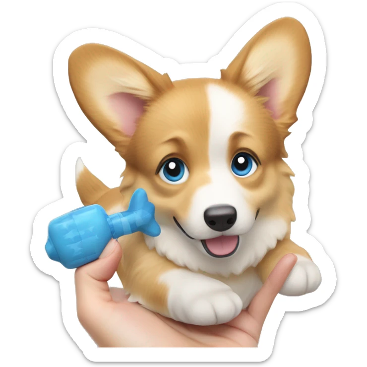 corgi dog with a toy in the hands of a girl with blond long hair and blue eyes sticker
