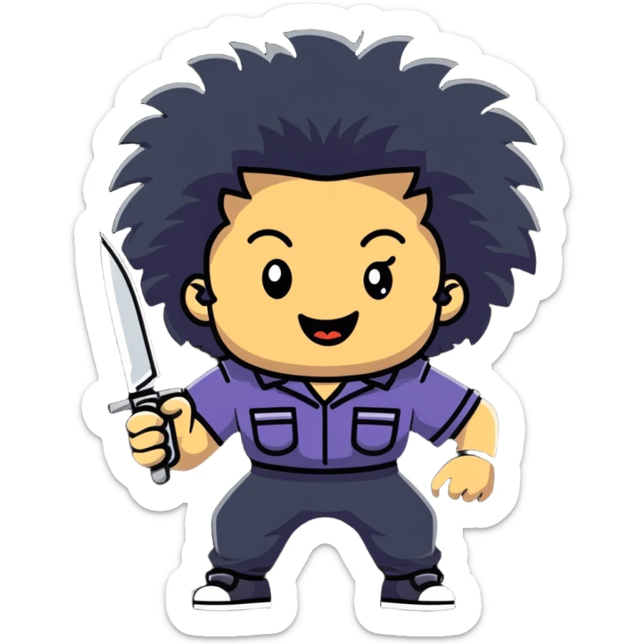 wild savage person in 1988 retro outfit with big hair, holding knife, evil laughing expression sticker