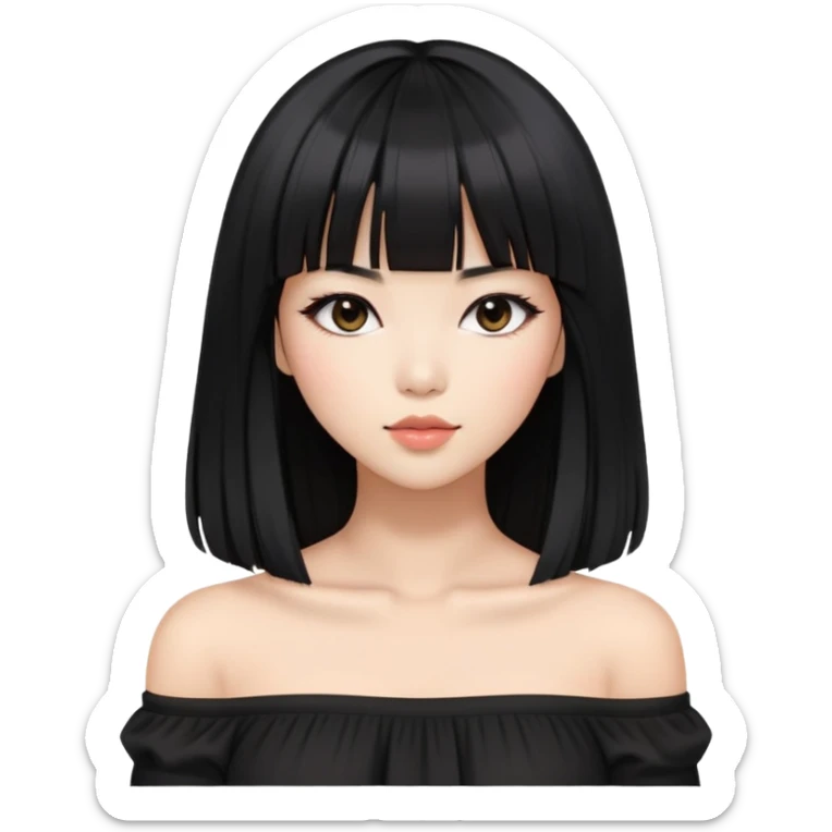 stylish woman with Asian skin, black off-shoulder top, long straight black hair with bangs, and soft makeup sticker