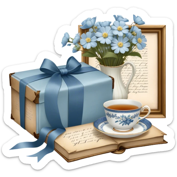 A timeless arrangement of a dusty blue silk ribbon loosely wrapped around a bundle of aged letters, with pressed white flowers and a porcelain tea set in the background.
 sticker
