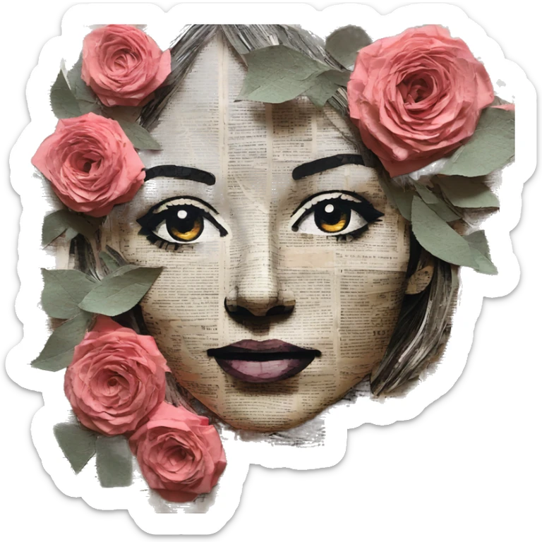 Person face portrait made entirely of newspaper cuttings and roses sticker