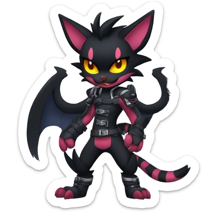 Black Anthro Cool Punk Noibat-Litten-Fakemon-fursona with fangs and edgy markings Full Body sticker