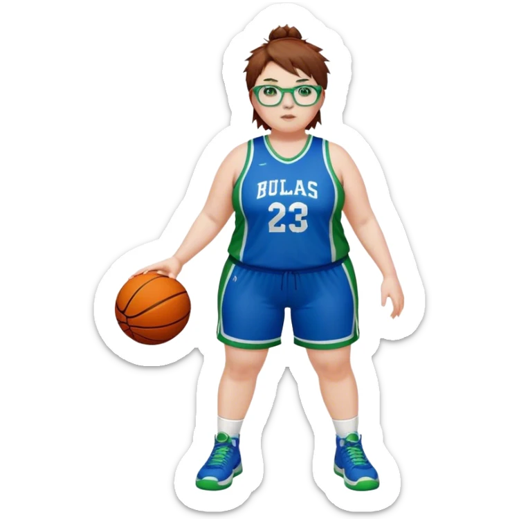 Full Body white plus size Girl with basketball spikey short brown HAIR wearing blue glasses with green eyes wearing blue and green basketball uniform PLAIN sticker