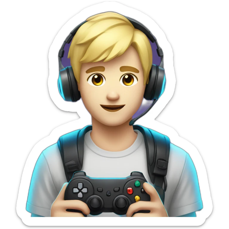 Blonde Short hair Gamer guy with headset and gamepad with neon Lighting sticker