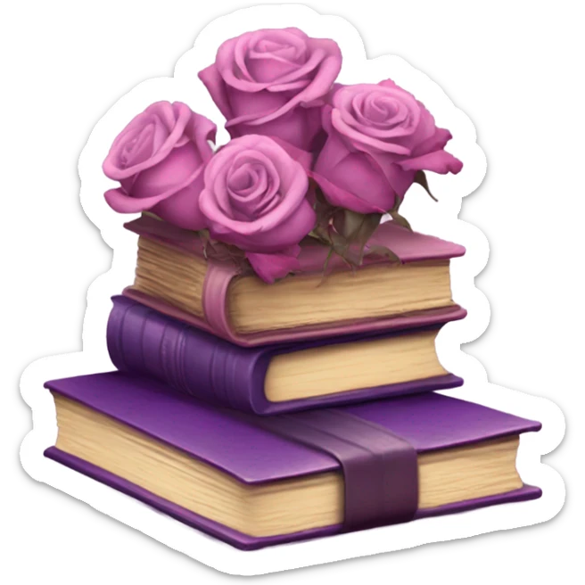 An aesthetic stack of vintage books in various shades of purple with dried pink roses. sticker