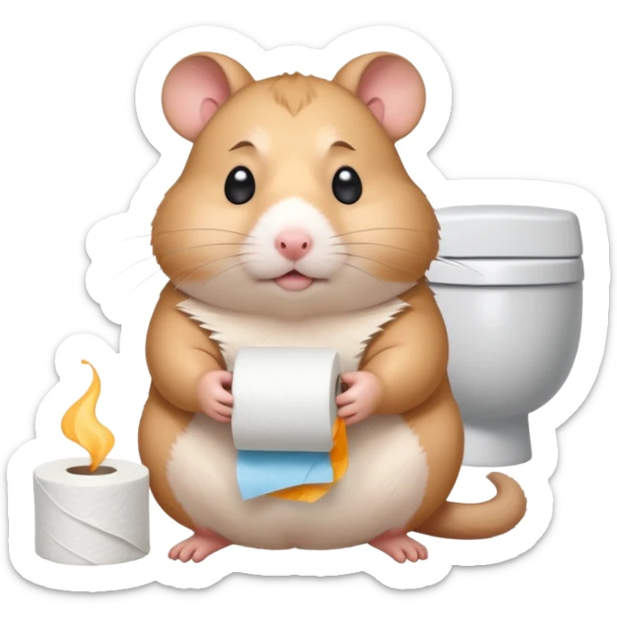 Cute chubby cartoon-style hamster sitting on toilet holding toilet paper looking as if he had an accident, sticker-style illustration sticker