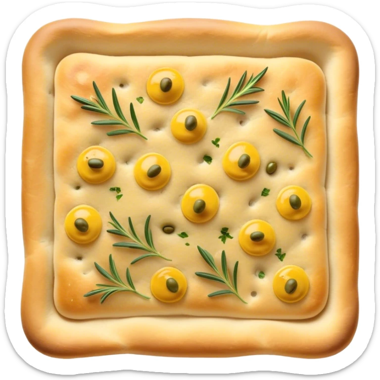 Focaccia Cinematic Realistic Focaccia Bread Dish Emoji, depicted as a golden, olive-oil brushed flatbread sprinkled with herbs, rendered with lifelike textures and warm, inviting lighting. sticker