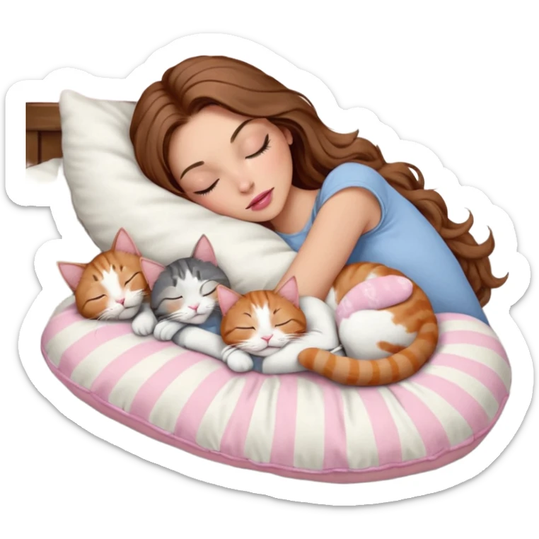girl with long wavy brown hair, brown eyes, long lashes makeup, sexy pink lips, light to medium complexion,  sleeping on a cozy pillow, with 6 cats: 1 brown and white tabby cat, 1 ginger and white, 2 grey and white, 1 grey has white mittens and small white patch on its chest and 1 calico, sleeping sticker