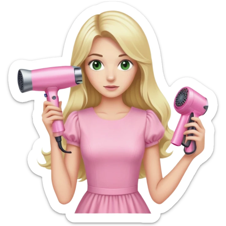 blonde woman with long hair and swamp green eyes, wearing a pink pastel dress, holding a pink Dyson hair dryer sticker