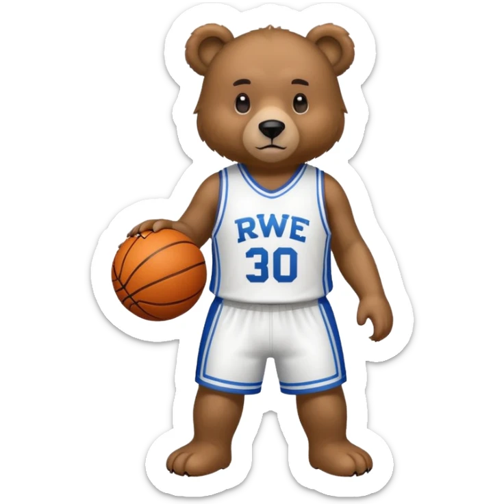 Bear with full body and wearing basketball white  jersey that says RWE  sticker