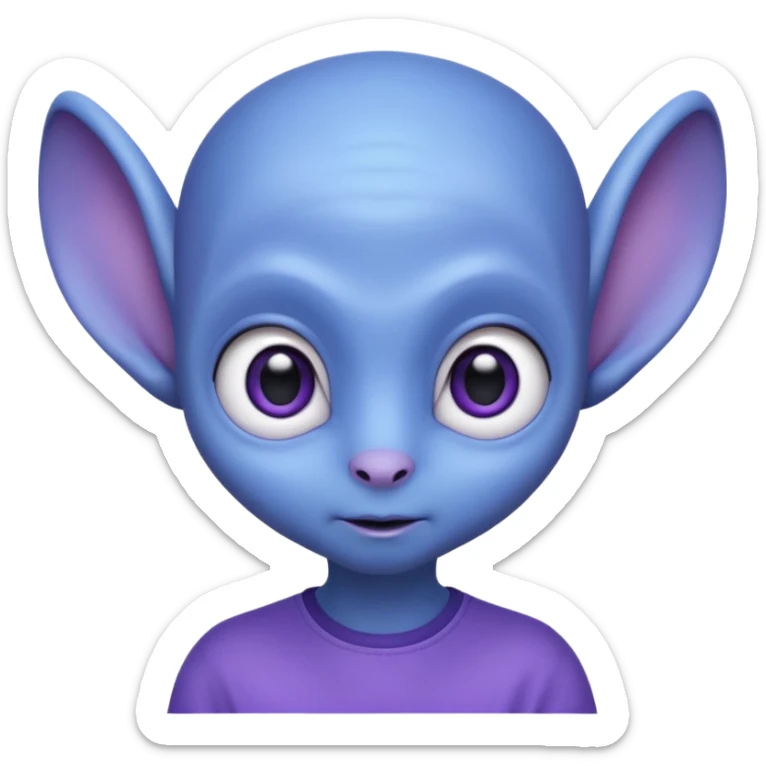 Portrait of an cute alien with smooth purple-blue skin, small antennae, large black oval eyes, small nose, and visible ears, elongated head, front-facing, wearing blue t-shirt, soft glow, simple futuristic design sticker