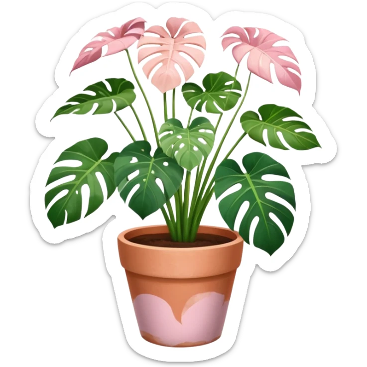monstera plant in a plant pot in terra cota with white and pink flowers hand painted on the pot  sticker