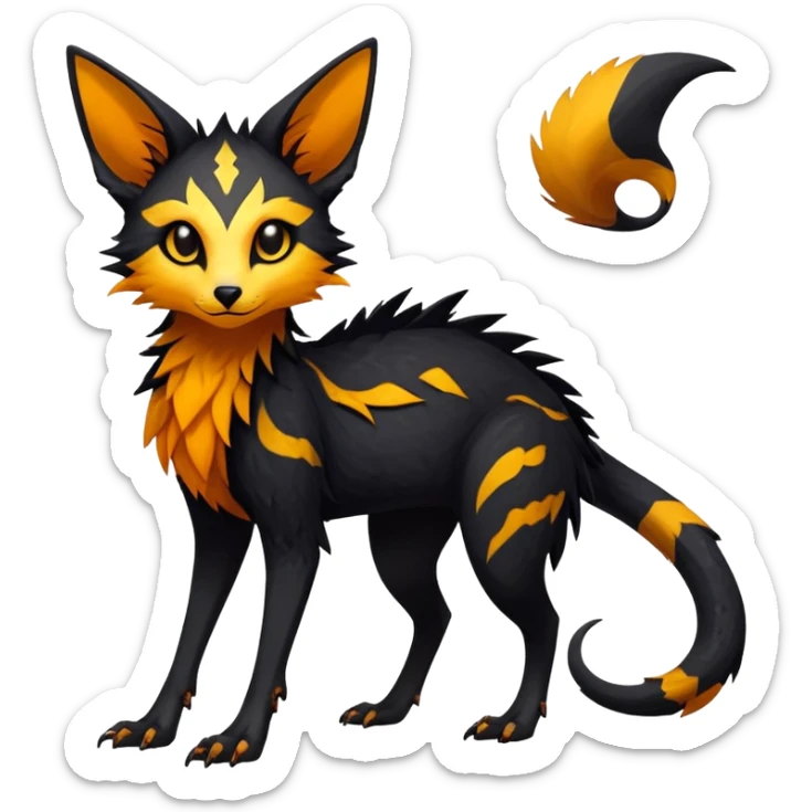 Rare realistic exotic edgy dark gothic gloomy spooky black and orange/yellow epic pretty beautiful handsome gorgeous aesthetic colorful vibrant Vernid-Trico-species-Fakemon-creature by LiLaiRa, 4 legs, 1 tail, random markings, (full body) sticker