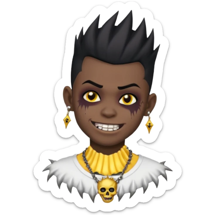 zombie boy with spiky emo black hair and white shirt , tattos, a risk on the eyebrow, earings,  a necklace emoji, with gold grills in his mouth and he’s smiling, change skin color to darkskin sticker