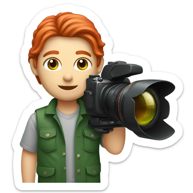 A photographer with red long hair and green eyes and a Sony camera sticker