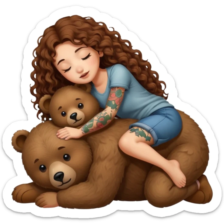 cute woman long curly brown hair tattoos riding sleepy bear sticker
