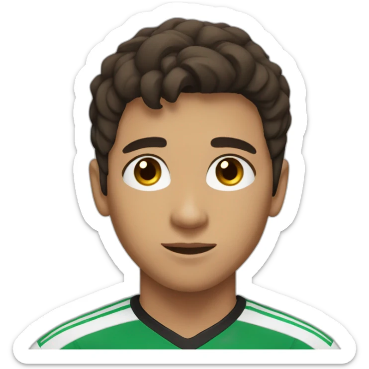 Teenage boy with short dark brown hair and dark brown eyes wearing a soccer jersey sticker