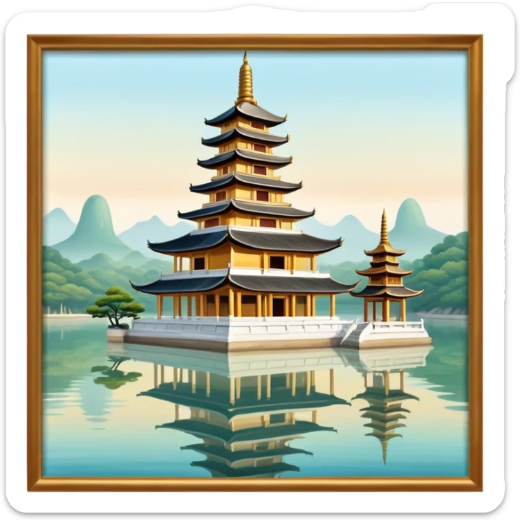 Cinematic Realistic Tran Quoc Pagoda Landmark Emoji, depicted with an ancient pagoda set on tranquil waters rendered with delicate textures and serene, reflective lighting. sticker