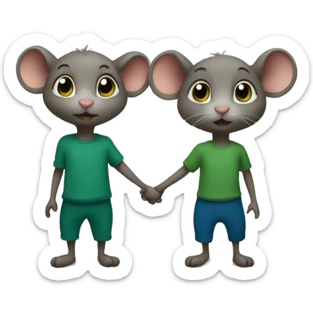 Two mice hold hands. one (boy) wears a dark blue T-shirt, the other (girl) wears a green leotard. sticker