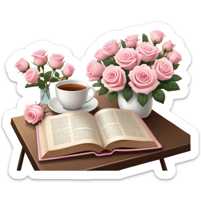 A cozy reading nook with an open book, a steaming cup of tea, and a bouquet of pale pink roses. sticker